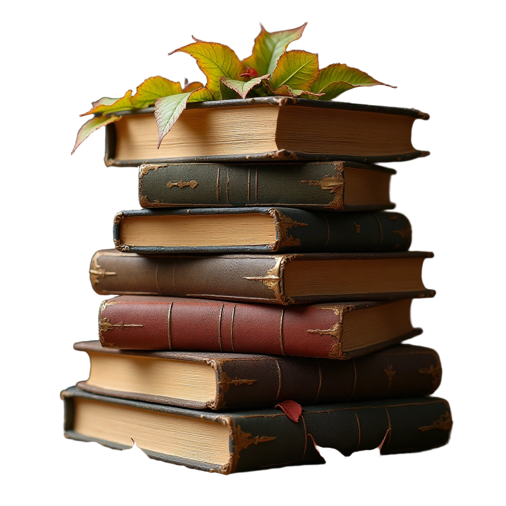 Stack of Old Books with Leaves